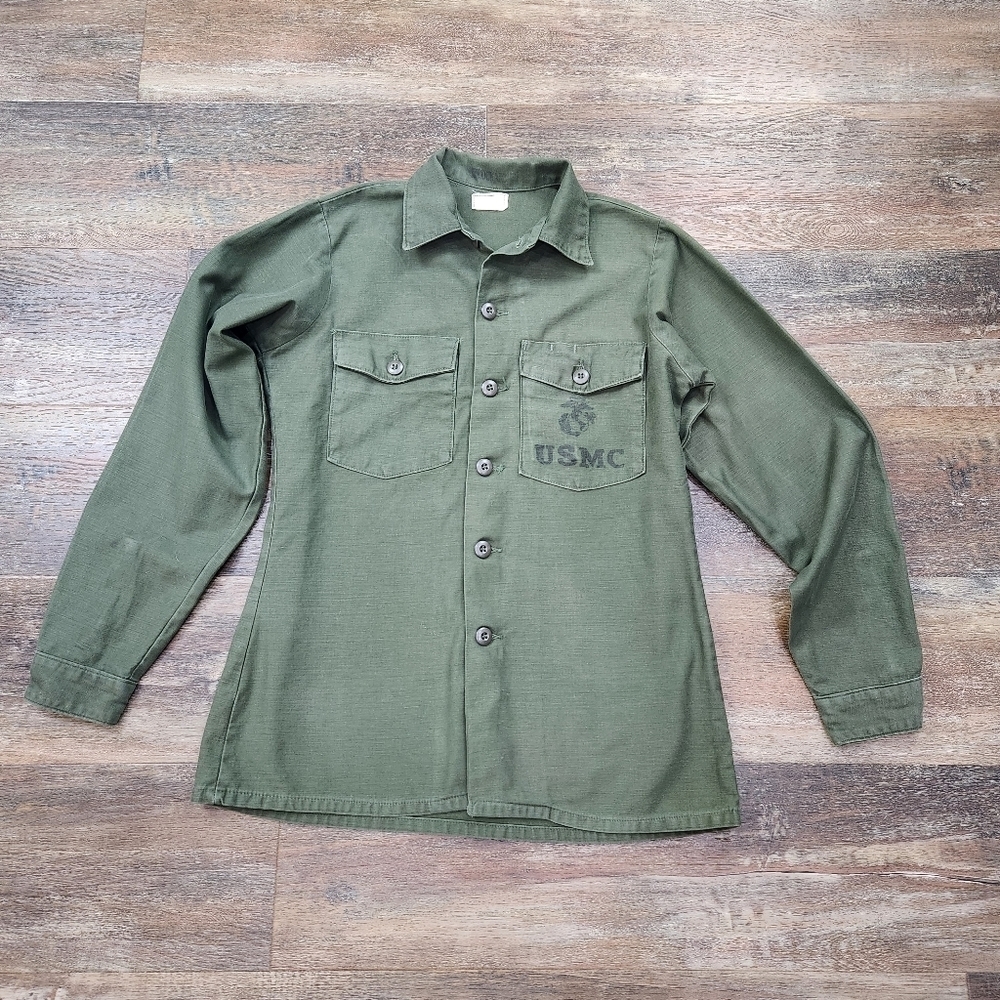 VINTAGE USMC 60'S ERA BUTTON UP GRERN SHIRT SIZE 15.5 X 35
